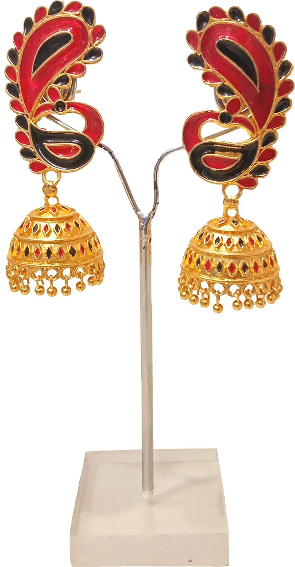 Assamese_Traditional_Copper_Gold_Plated_Red_Black_Colour_Jhumka_Earring_For_Girls_&_Women
